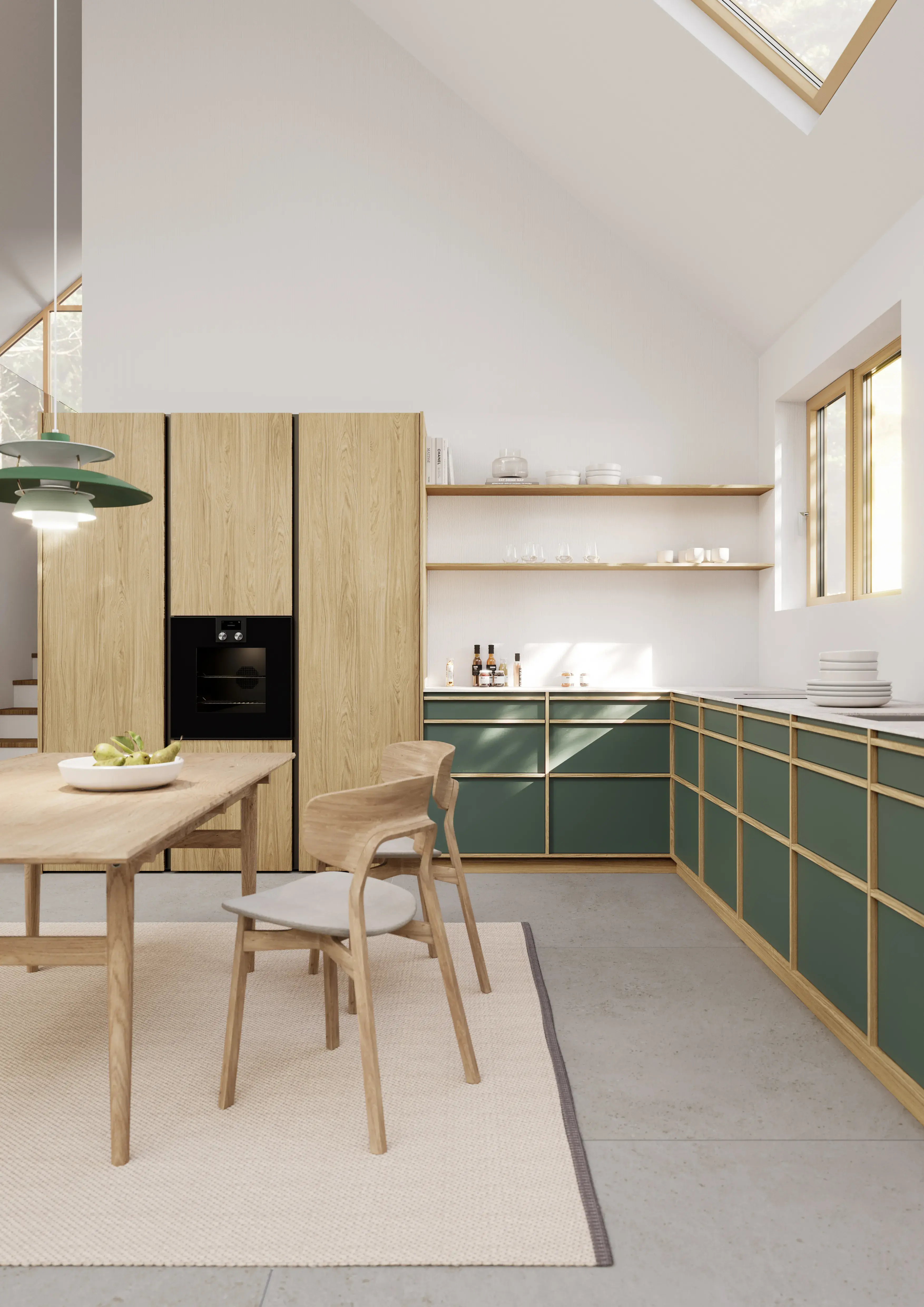 Moderne Küche mit grünen Schränken, Holzakzenten und großem Fenster, heller Raum.
